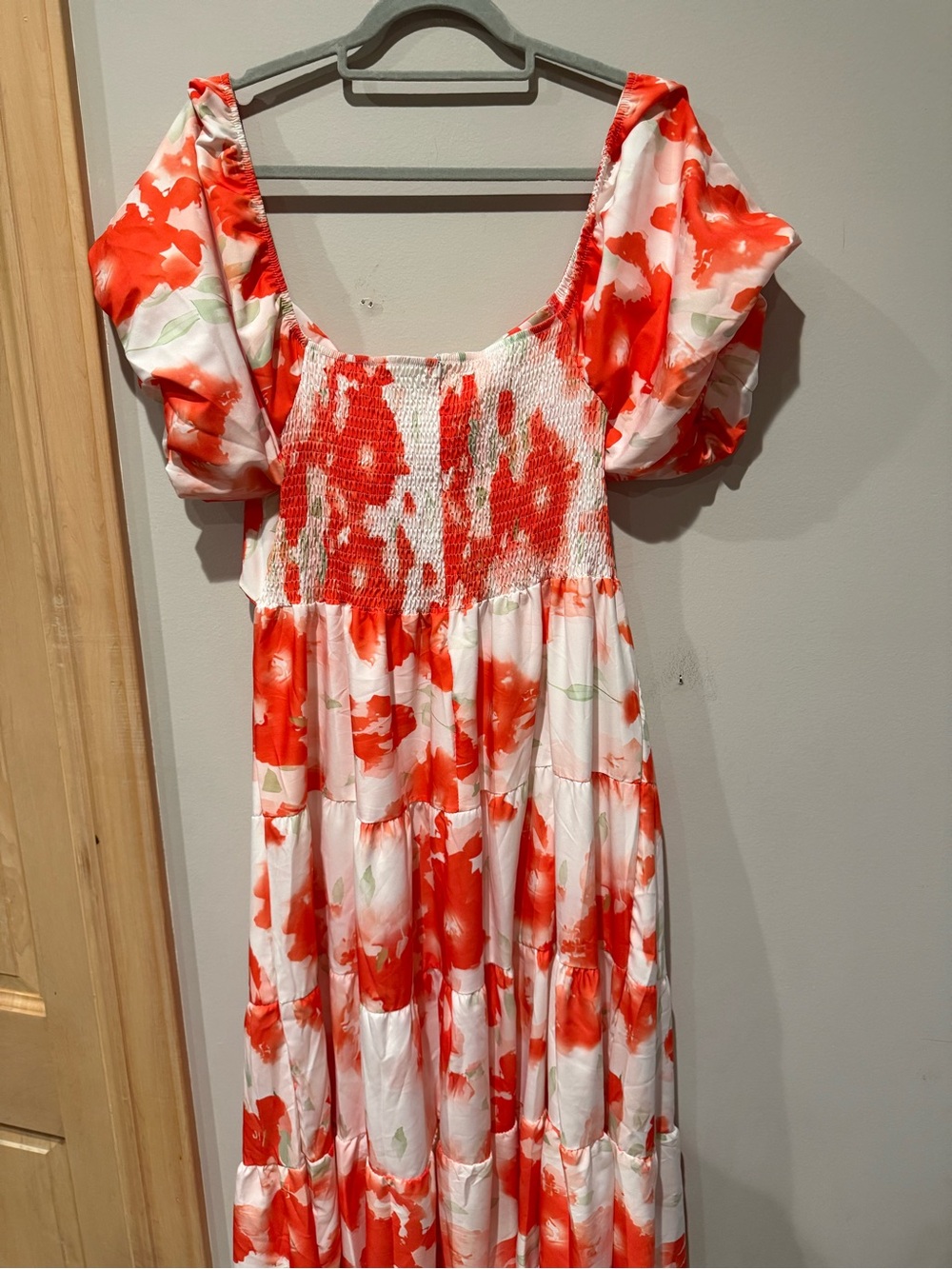 Orange Floral With Green Accent Puff-Sleeve Midi Dress - Picture 6 of 7